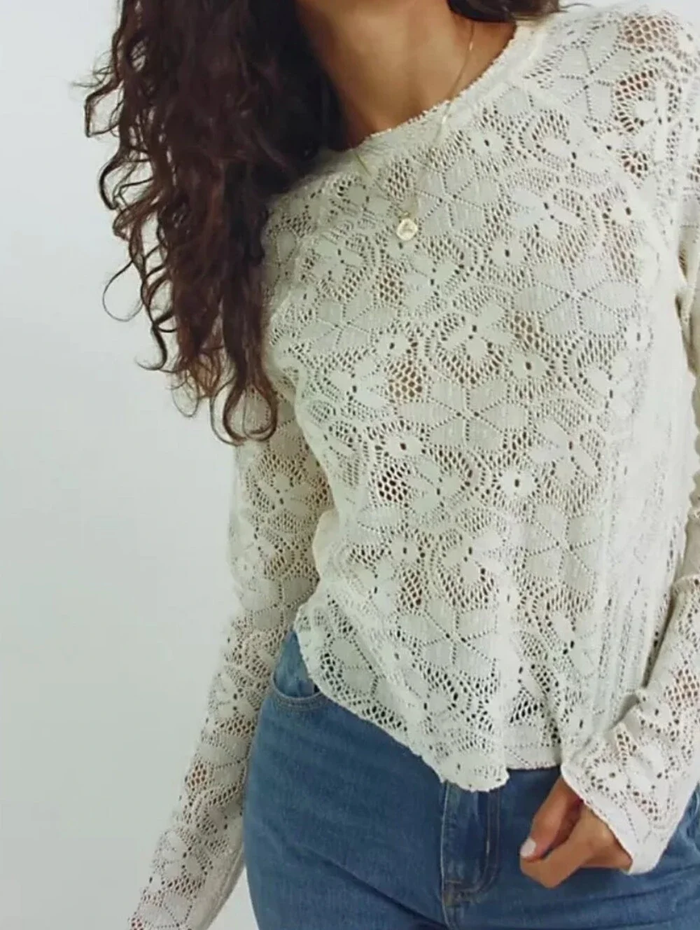 Free People In The Meadow Tee Ivory Crochet Lace XS Long-Sleeve Top